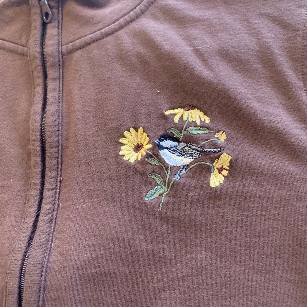 ☔️Brown zip up fleece jacket with birds sz L